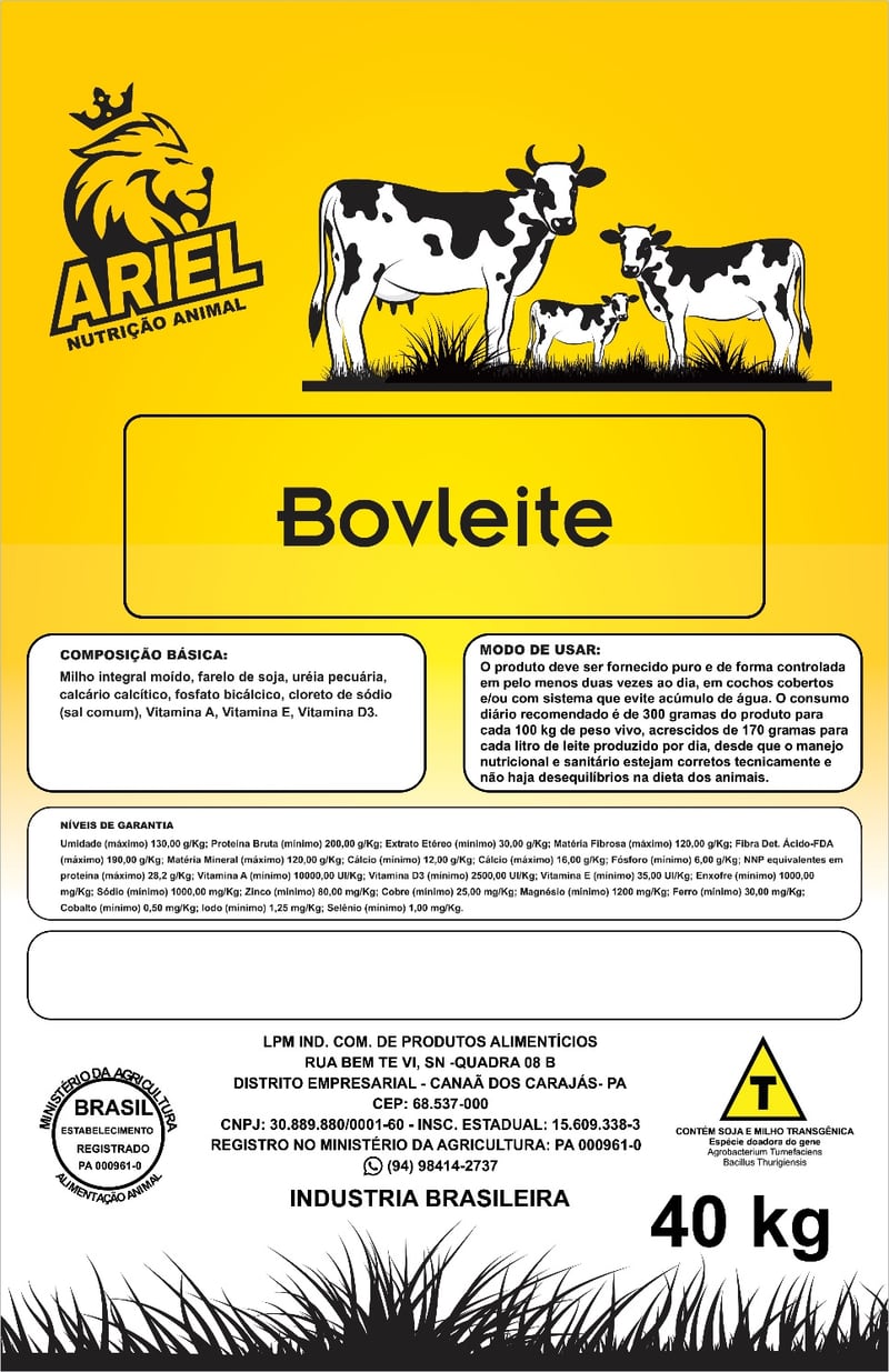 R&oacute;tulo do Ariel BovLeite, saco de 40 kg